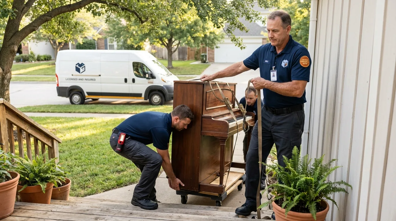 Licensed piano movers securing grand piano in Centreville, VA