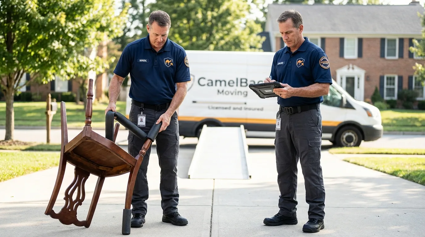 Movers inspecting furniture for damage prevention before loading in Centreville, VA